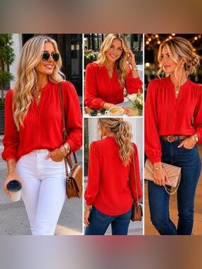 J. Crew Vibrant Red Textured V-Neck Blouse